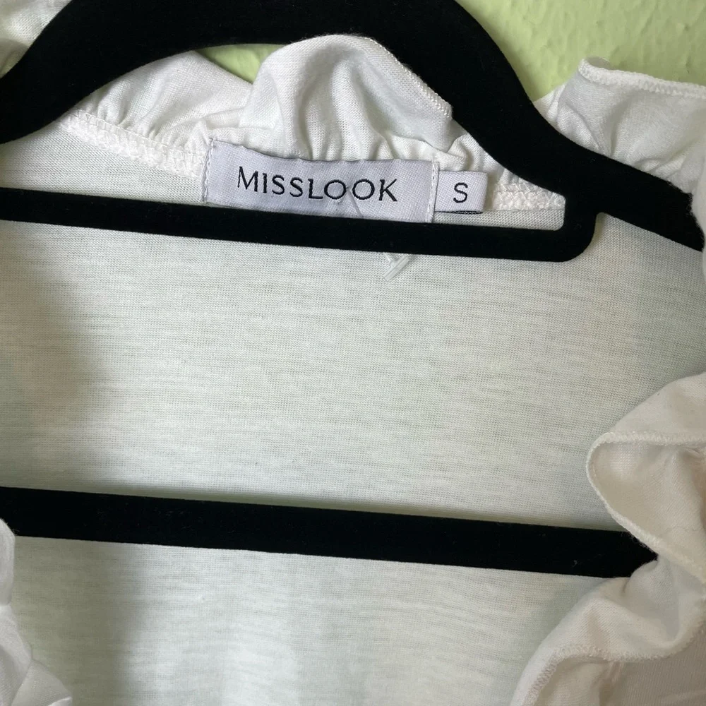Misslook White Ruffle Top with Sheer Striped Long Sleeves - Picture 4 of 5